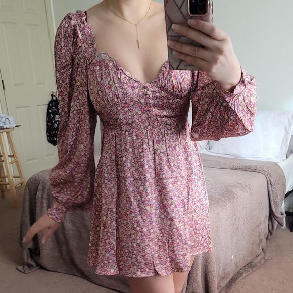 For Love‎ & Lemons Laurie Pink Floral Mini Dress Long Puff Sleeve Sz XS Satin - Picture 3 of 13